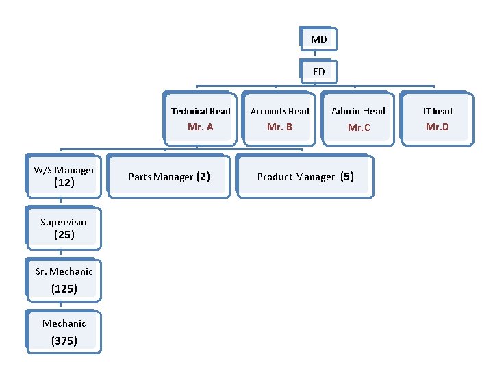 MD ED W/S Manager (12) Supervisor (25) Sr. Mechanic (125) Mechanic (375) Technical Head