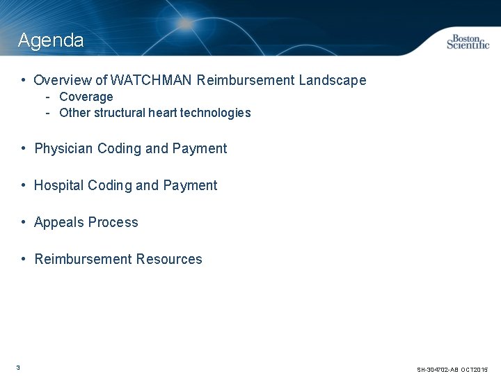 Agenda • Overview of WATCHMAN Reimbursement Landscape - Coverage - Other structural heart technologies
