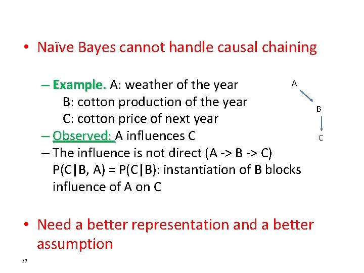  • Naïve Bayes cannot handle causal chaining A – Example. A: weather of