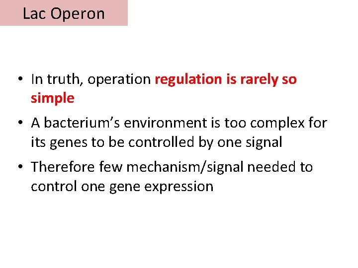 Lac Operon • In truth, operation regulation is rarely so simple • A bacterium’s