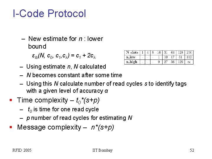 I-Code Protocol – New estimate for n : lower bound εlb(N, c 0, c