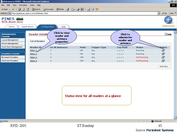 Click to view reader and antenna properties Click to administer reader and antenna Status