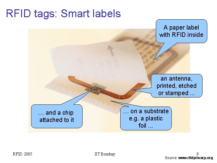 RFID tags: Smart labels A paper label with RFID inside an antenna, printed, etched