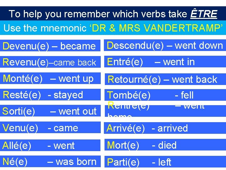 To help you remember which verbs take ÊTRE Use the mnemonic ‘DR & MRS