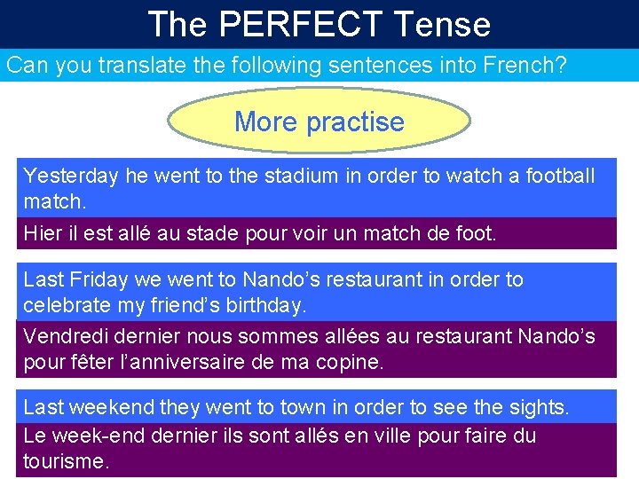 The PERFECT Tense Can you translate the following sentences into French? More practise Yesterday