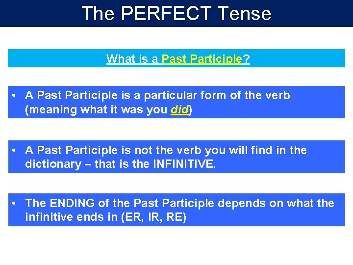 The PERFECT Tense What is a Past Participle? • A Past Participle is a