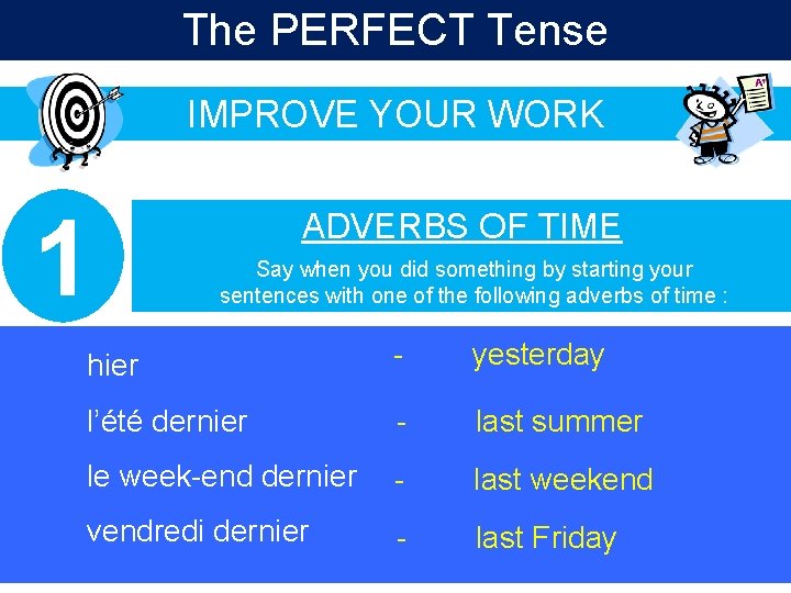 The PERFECT Tense IMPROVE YOUR WORK There are three ways to improve your Perfect