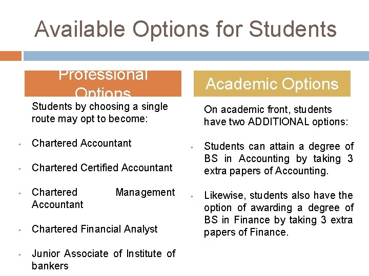 Available Options for Students Professional Options Academic Options Students by choosing a single route