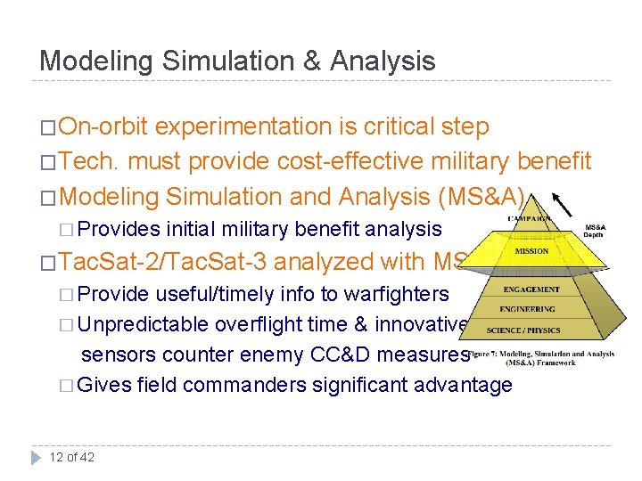 Modeling Simulation & Analysis �On-orbit experimentation is critical step �Tech. must provide cost-effective military