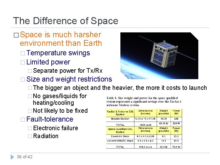 The Difference of Space � Space is much harsher environment than Earth � Temperature