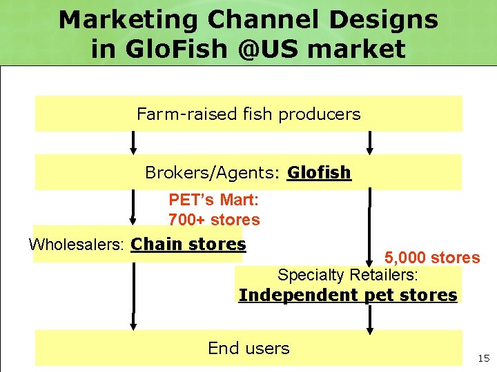 Marketing Channel Designs in Glo. Fish @US market Farm-raised fish producers Brokers/Agents: Glofish PET’s
