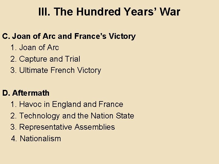 III. The Hundred Years’ War C. Joan of Arc and France’s Victory 1. Joan