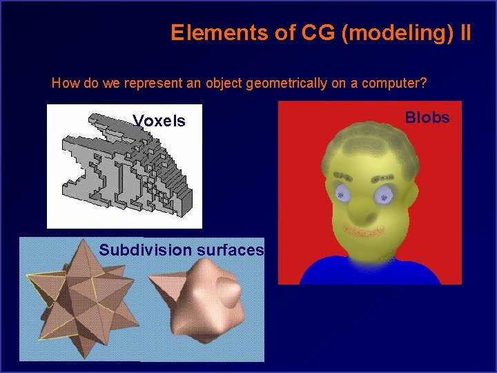 Elements of CG (modeling) II How do we represent an object geometrically on a