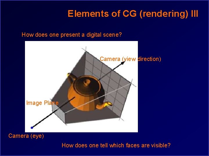 Elements of CG (rendering) III How does one present a digital scene? Camera (view