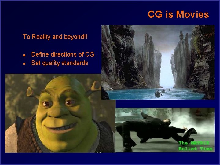 CG is Movies To Reality and beyond!! n n Define directions of CG Set