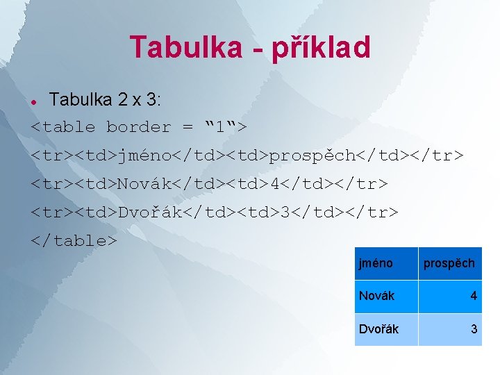 Tabulka - příklad Tabulka 2 x 3: <table border = “ 1“> <tr><td>jméno</td><td>prospěch</td></tr> <tr><td>Novák</td><td>4</td></tr>