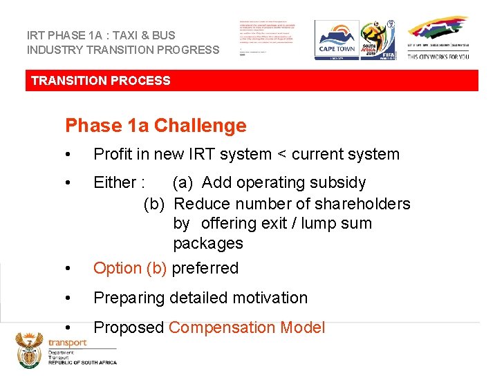 IRT PHASE 1 A : TAXI & BUS INDUSTRY TRANSITION PROGRESS TRANSITION PROCESS Phase