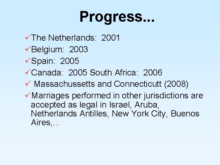 Progress. . . The Netherlands: 2001 Belgium: 2003 Spain: 2005 Canada: 2005 South Africa: