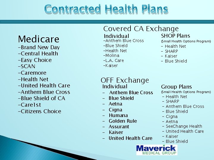 Contracted Health Plans Medicare -Brand New Day -Central Health -Easy Choice -SCAN -Caremore -Health