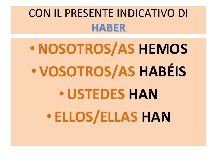 CON IL PRESENTE INDICATIVO DI HABER • NOSOTROS/AS HEMOS • VOSOTROS/AS HABÉIS • USTEDES