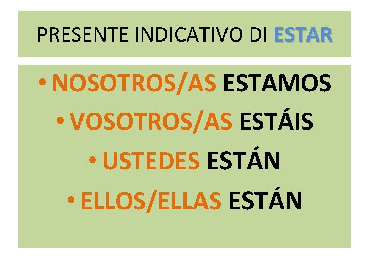 PRESENTE INDICATIVO DI ESTAR • NOSOTROS/AS ESTAMOS • VOSOTROS/AS ESTÁIS • USTEDES ESTÁN •