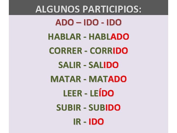 ALGUNOS PARTICIPIOS: ADO – IDO - IDO HABLAR - HABLADO CORRER - CORRIDO SALIR