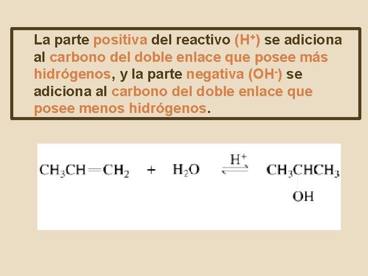 La parte positiva del reactivo (H+) se adiciona al carbono del doble enlace que