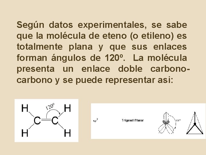 Según datos experimentales, se sabe que la molécula de eteno (o etileno) es totalmente