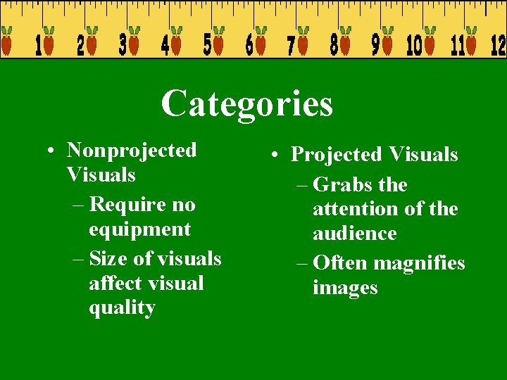 Categories • Nonprojected Visuals – Require no equipment – Size of visuals affect visual