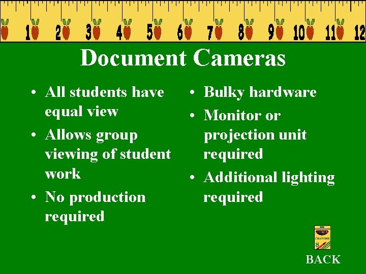 Document Cameras • All students have equal view • Allows group viewing of student