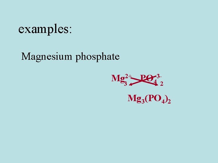 examples: Magnesium phosphate Mg 32+ PO 43 -2 Mg 3(PO 4)2 
