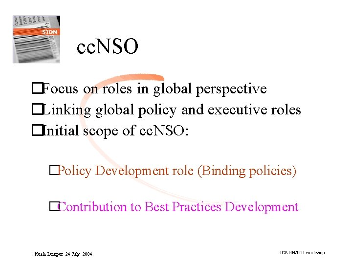 cc. NSO �Focus on roles in global perspective �Linking global policy and executive roles