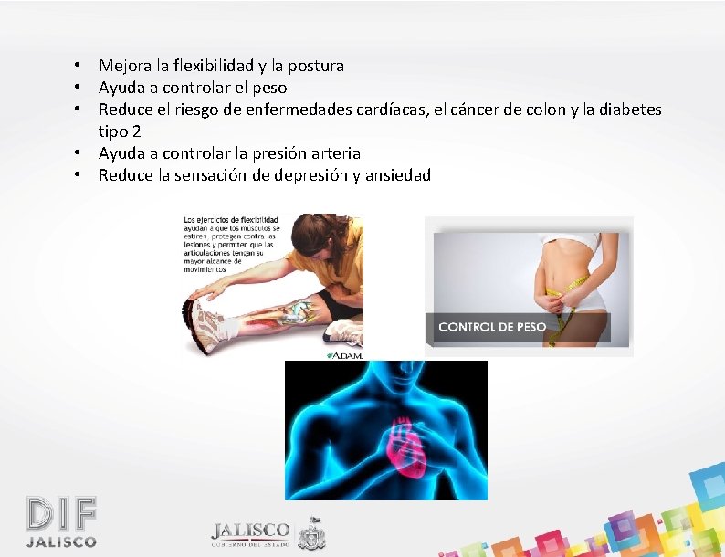  • Mejora la flexibilidad y la postura • Ayuda a controlar el peso