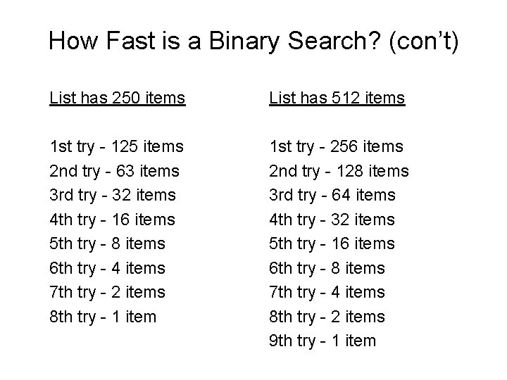 How Fast is a Binary Search? (con’t) List has 250 items List has 512