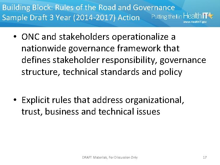 Building Block: Rules of the Road and Governance Sample Draft 3 Year (2014 -2017)