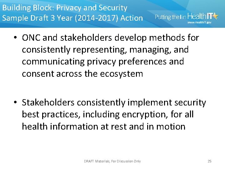 Building Block: Privacy and Security Sample Draft 3 Year (2014 -2017) Action • ONC