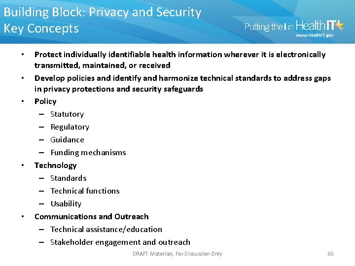 Building Block: Privacy and Security Key Concepts • • • Protect individually identifiable health