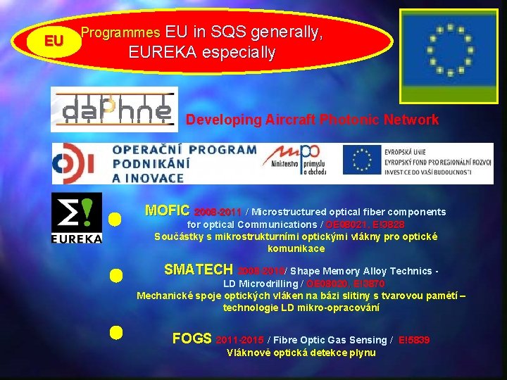 EU Programmes EU in SQS generally, EUREKA especially Developing Aircraft Photonic Network MOFIC 2008