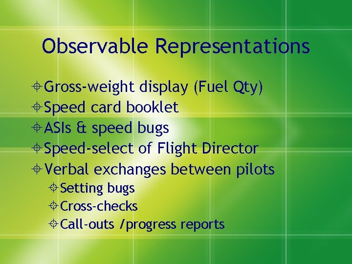 Observable Representations Gross-weight display (Fuel Qty) Speed card booklet ASIs & speed bugs Speed-select