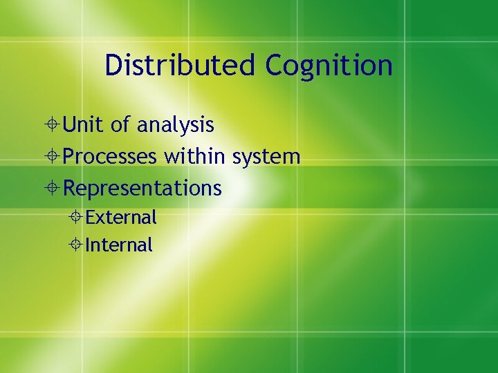 Distributed Cognition Unit of analysis Processes within system Representations External Internal 