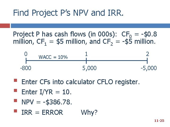 Find Project P’s NPV and IRR. Project P has cash flows (in 000 s): Find Project P’s NPV and IRR. Project P has cash flows (in 000 s):