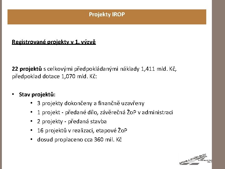 Projekty IROP Registrované projekty v 1. výzvě 22 projektů s celkovými předpokládanými náklady 1,