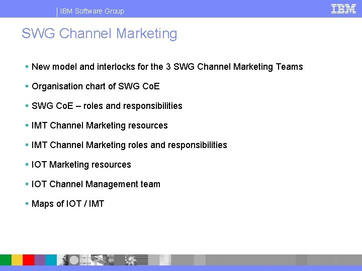 IBM Software Group SWG Channel Marketing § New model and interlocks for the 3