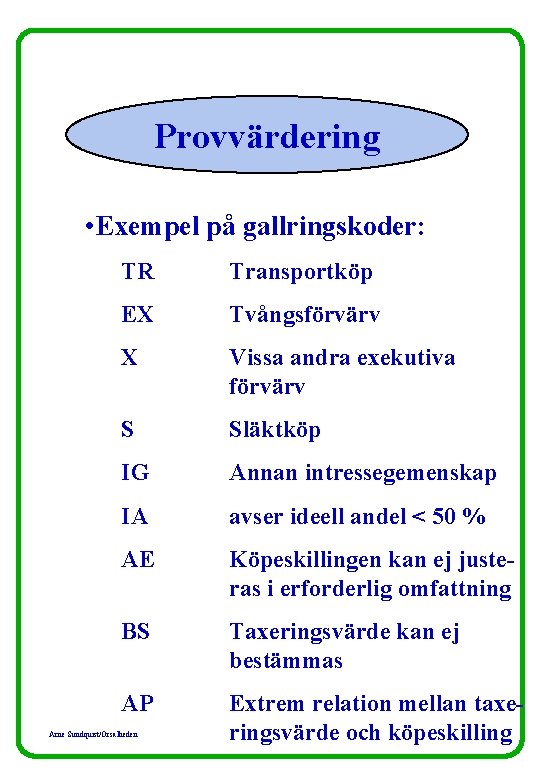 Provvärdering • Exempel på gallringskoder: TR Transportköp EX Tvångsförvärv X Vissa andra exekutiva förvärv