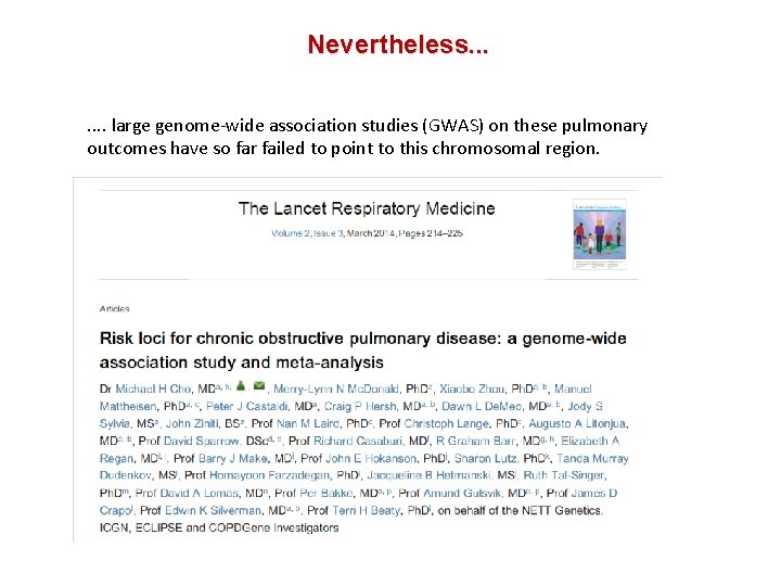 Nevertheless. . . . large genome-wide association studies (GWAS) on these pulmonary outcomes have