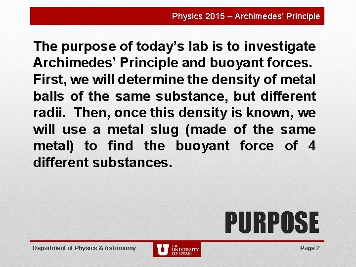 Physics 2015 – Archimedes’ Principle The purpose of today’s lab is to investigate Archimedes’