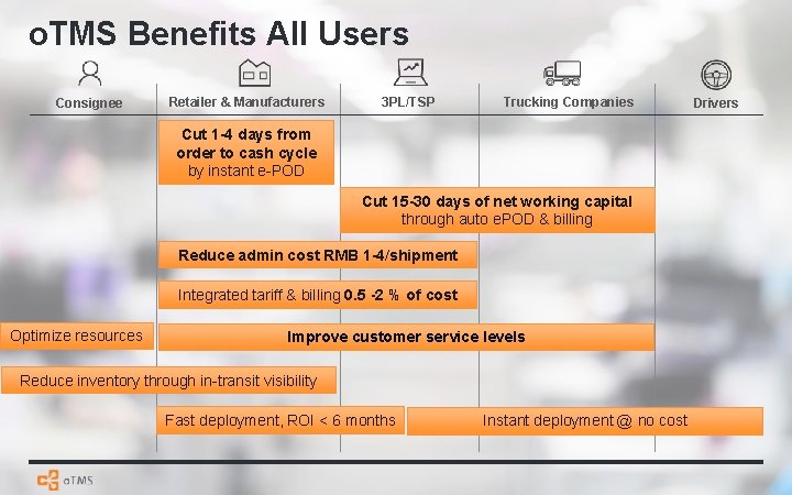 o. TMS Benefits All Users Consignee Retailer & Manufacturers 3 PL/TSP Trucking Companies Cut