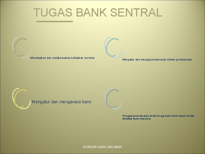 TUGAS BANK SENTRAL Menetapkan dan melaksanakan kebijakan moneter Mengatur dan menjaga kelancaran sistem pembayaran