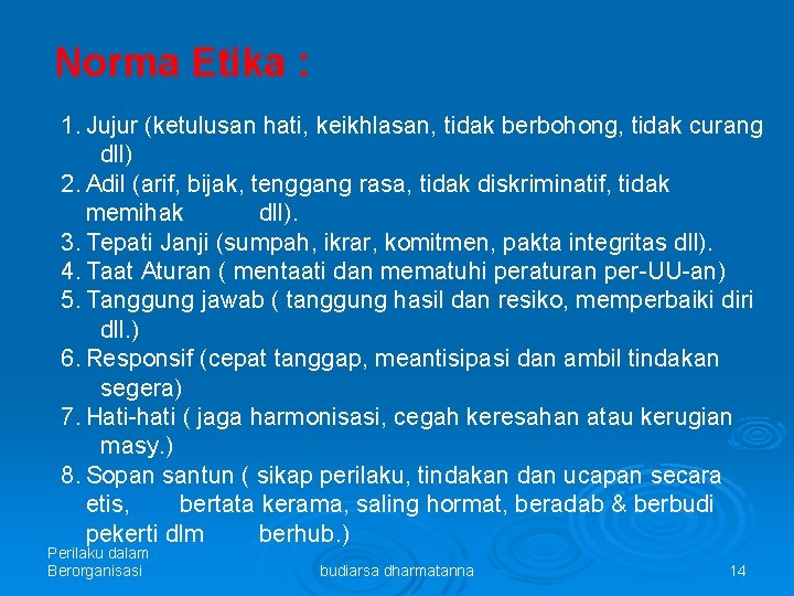 Norma Etika : 1. Jujur (ketulusan hati, keikhlasan, tidak berbohong, tidak curang dll) 2.