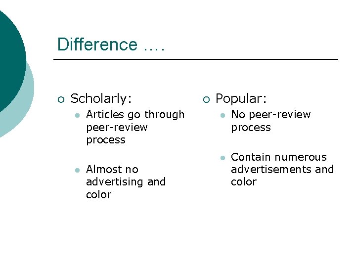 Difference …. ¡ Scholarly: l l Articles go through peer-review process Almost no advertising